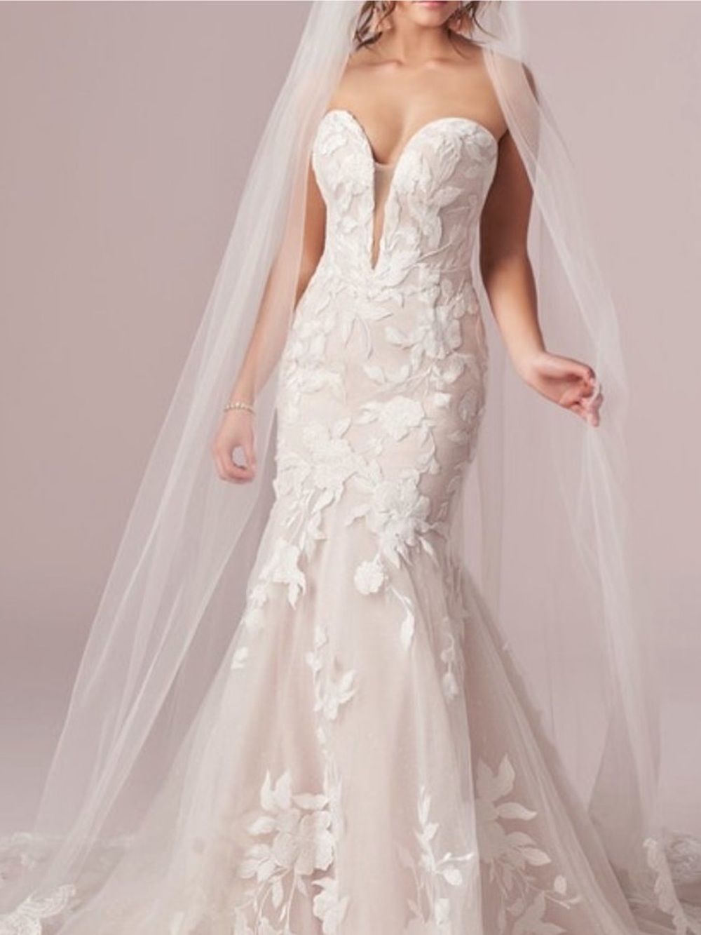 Maggie Sottero Strapless Floral Appliqué Mermaid Wedding Dress in Ivory